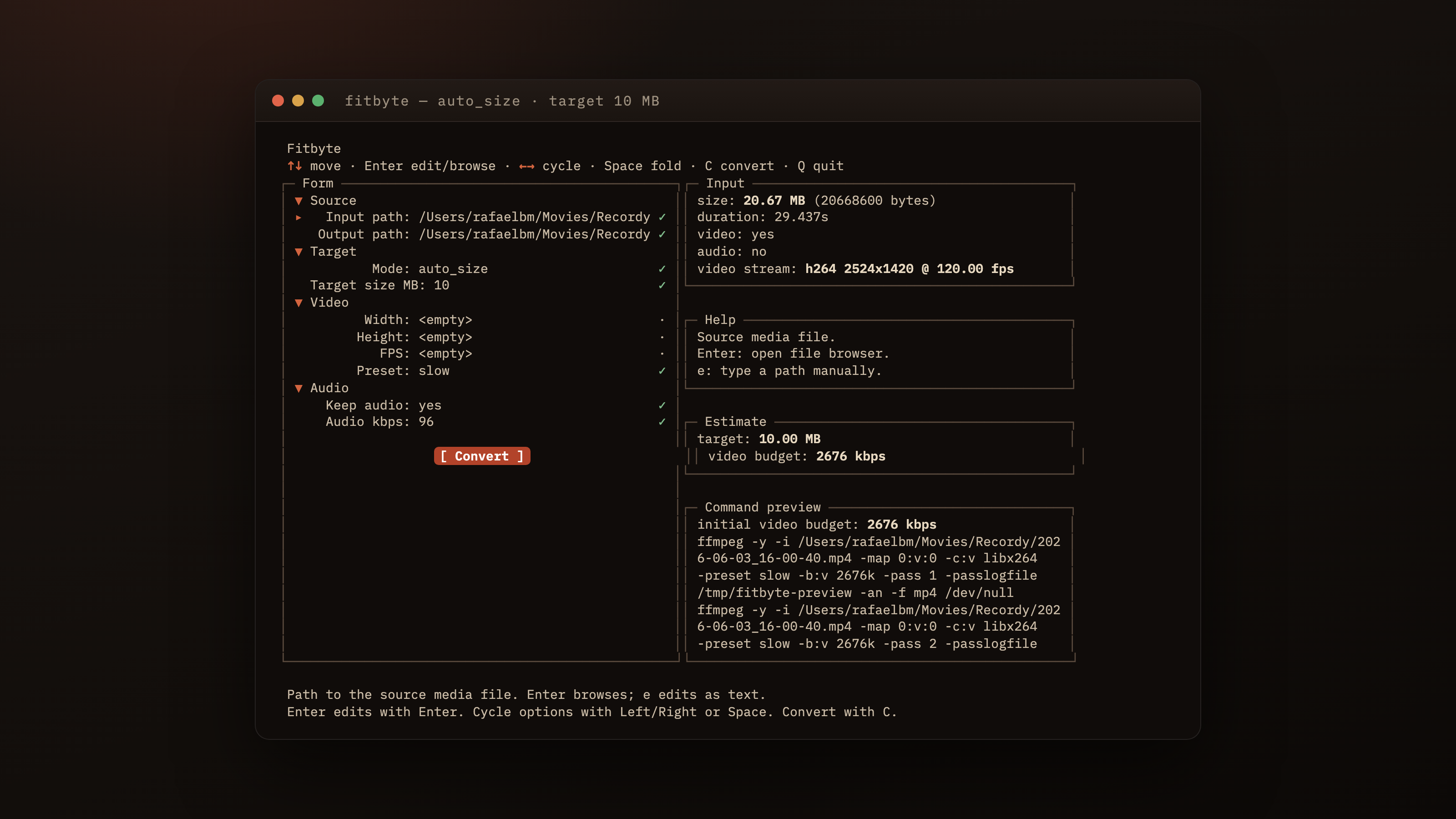 Fitbyte's curses TUI: source media, target size, estimate, and the ffmpeg command preview