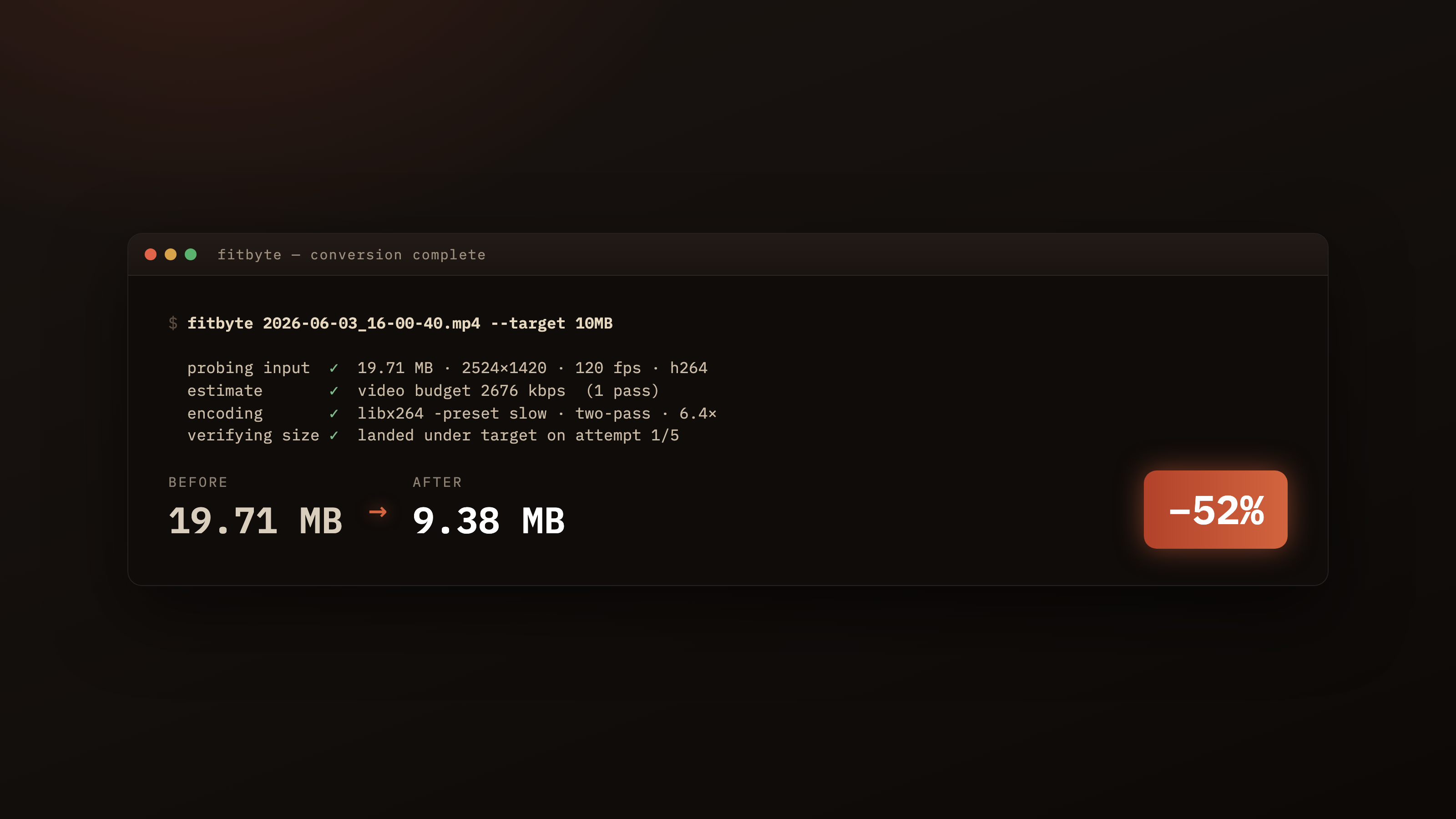 Fitbyte conversion result: 19.71 MB shrunk to 9.38 MB, 52% smaller, under the 10 MB target