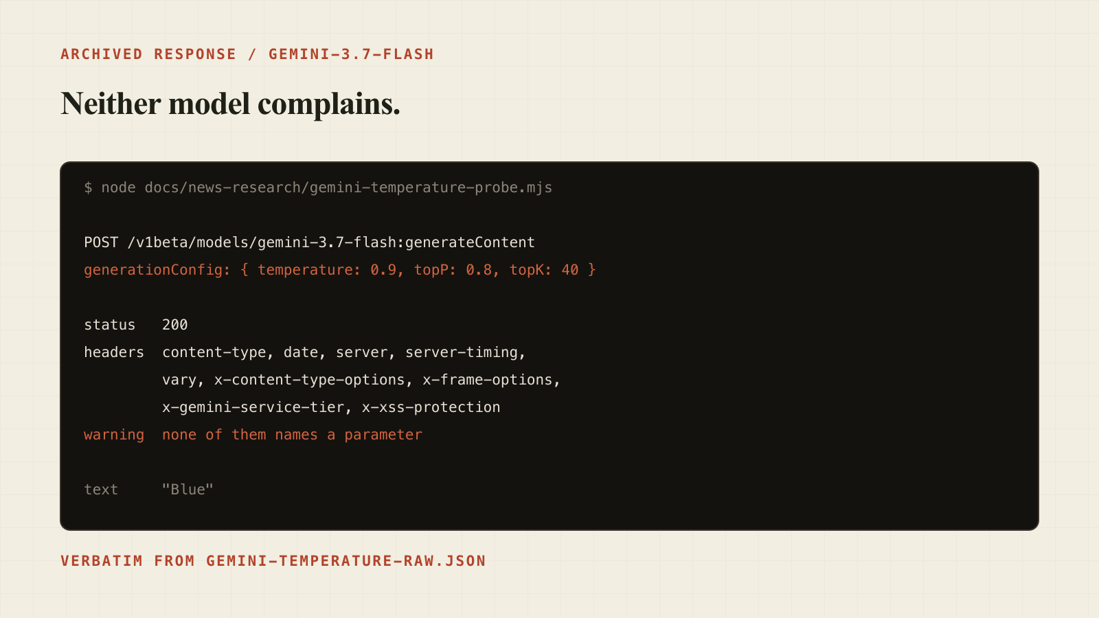 Both models return HTTP 200 for a request carrying all three deprecated parameters, with no warning header